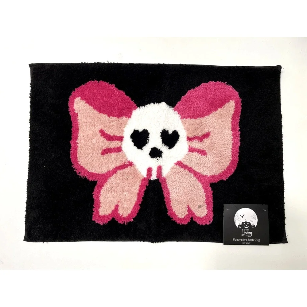 NWT Pink Skull Bow Halloween Bath Rug Goth Coquette Decorative Bathroom Mat